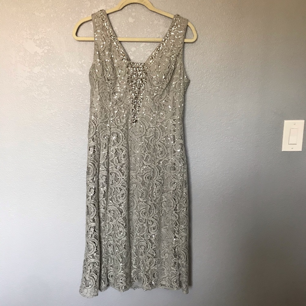 EUC Camille La Vie Grey Bedazzled Lace Dress sz 12